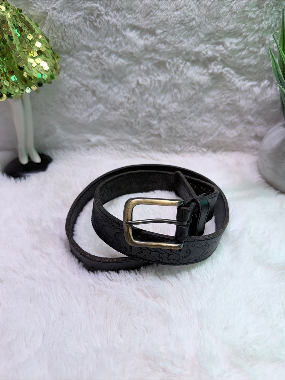 Classic Women's Black Leather Embossed Belt with Brass Buckle 🔥